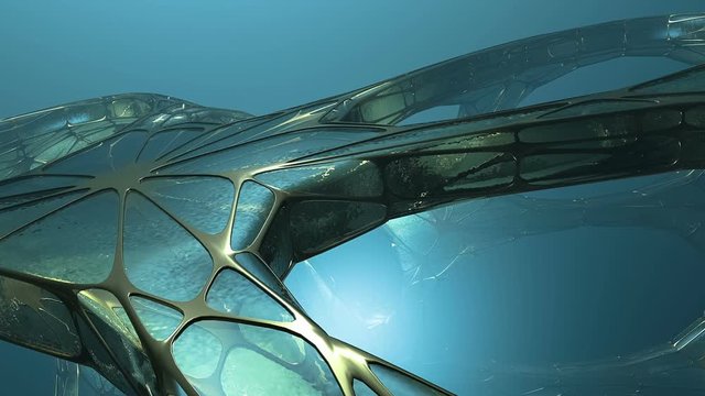 Flying over an ancient alien structure or spaceship. 3D strange dark object made by old crystal and gold. Realistic attractive texture. Science, technology and engineering concept