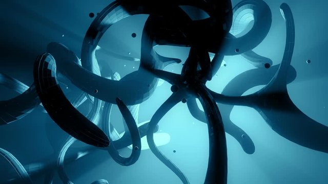 Traveling through a mysterious dark blue alien structure and spheres over strange blue light. 3D rendering
