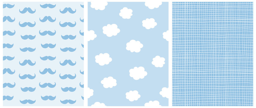 Baby Shower Party Seamless Vector Patterns. White Clouds on a Blue Sky. White Tiny Grid on a  Blue Background. Blue Moustaches on a Light Blue Layout. Cute and Simple Baby Boy Party Vector Prints.