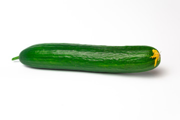 Ripe green long cucumber on a white background