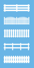 Fences and railings set, different styles. Isolated vector illustration on blue background.