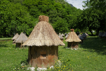 Fototapeta na wymiar Unusual bee farm with cone-shaped houses among green meadows