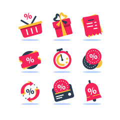 Loyalty program icon set, earn bonus points, discount coupon, limited time period, cash back - 301396117