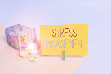 Handwriting text Stress Management. Conceptual photo method of limiting stress and its effects by learning ways Trash bin crumpled paper clothespin empty reminder office supplies tipped