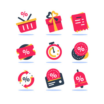 Loyalty Program Icon Set, Earn Bonus Points, Discount Coupon, Limited Time Period, Cash Back