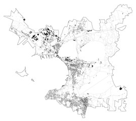 Satellite view of the city of Taranto, map and streets. Puglia, Italy. Map of transports in the Puglia region, Italy. Ilva