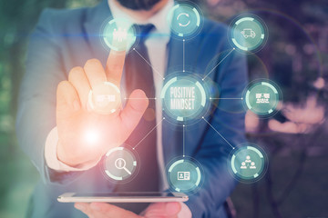 Word writing text Positive Mindset. Business photo showcasing mental attitude in wich you expect favorable results Picture photo system network scheme modern technology smart device