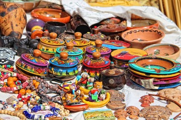 Colored souvenirs on the islands of Uros. Peru