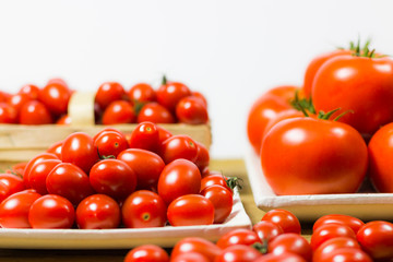 CHERY TOMATOES ON BOARDS ON WHITE BACKGROUND