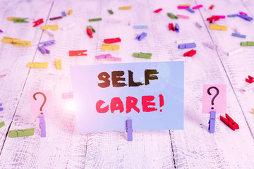 Text sign showing Self Care. Business photo showcasing the practice of taking action to improve one...