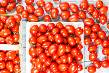 CHERY TOMATOES ON BOARDS ON WHITE BACKGROUND