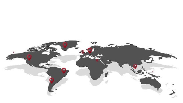 world map with red pins concept of selected locations on map