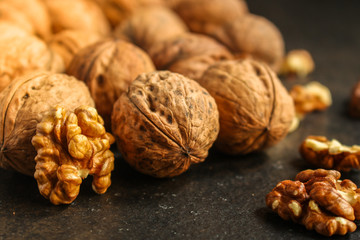 Walnuts, tasty and healthy (whole nuts) menu concept. food background. copy space. Top view 
