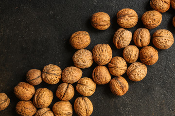 Walnuts, tasty and healthy (whole nuts) menu concept. food background. copy space. Top view 