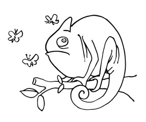 Cute chameleon sitting on a branch with leaves and butterflies flying around, vector illustration with black contour lines isolated on white background in hand drawn style. 