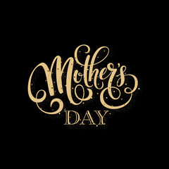 Mothers day greeting card. Handwritten message on black background with golden confetti