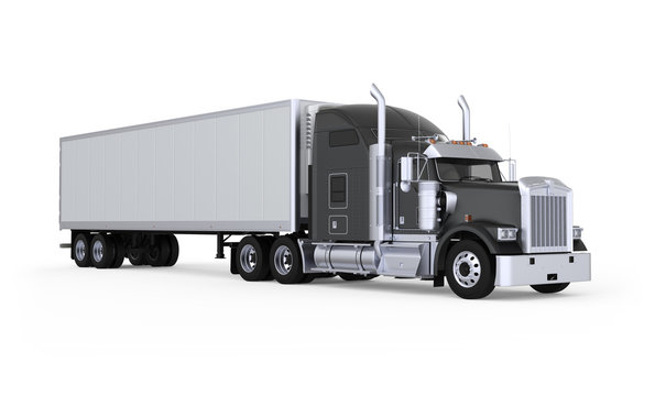 Generic American sleeper semi truck with refrigerated semi trailer from the front right side, photo realistic isolated 3D illustration on the white background.