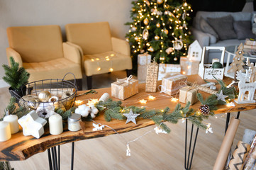 Christmas tree. Christmas toys. Decorations for Christmas party. 