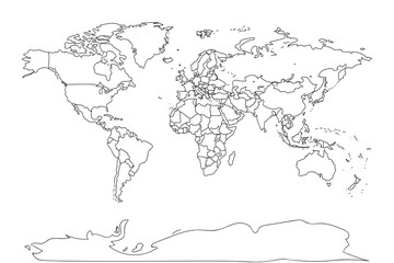 Black outline world map. Flat template for banner, poster, web-site, report, infographic, trendy tattoo template. Globe similar worldmap silhouette. Travel concept. EPS10 illustration.