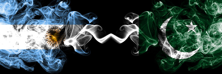 Argentina vs Pakistan, Pakistani smoky mystic fire flags placed side by side. Thick colored silky...