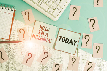Conceptual hand writing showing Hello I M A Millennial. Concept meaning demonstrating reaching young adulthood in current century Writing tools and scribbled paper on top of the wooden table
