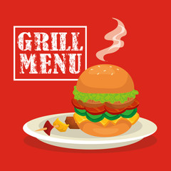grill menu with delicious hamburger vector illustration design