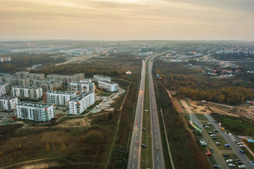 Aerial view of the highway at autumn in Gdansk, Poland