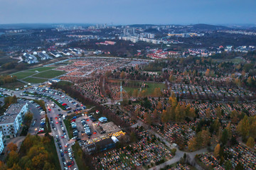 Obraz premium Aerial view of the Lostowicki cemetery in Gdansk at All Saints Day with many candle lights, Poland