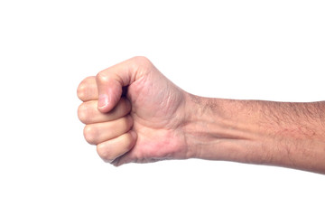 man's hand make closed fist gesture isolated on white background with clipping path and copy space...