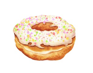 Hand drawn watercolor donut isolated on white background. Delicious food illustration.