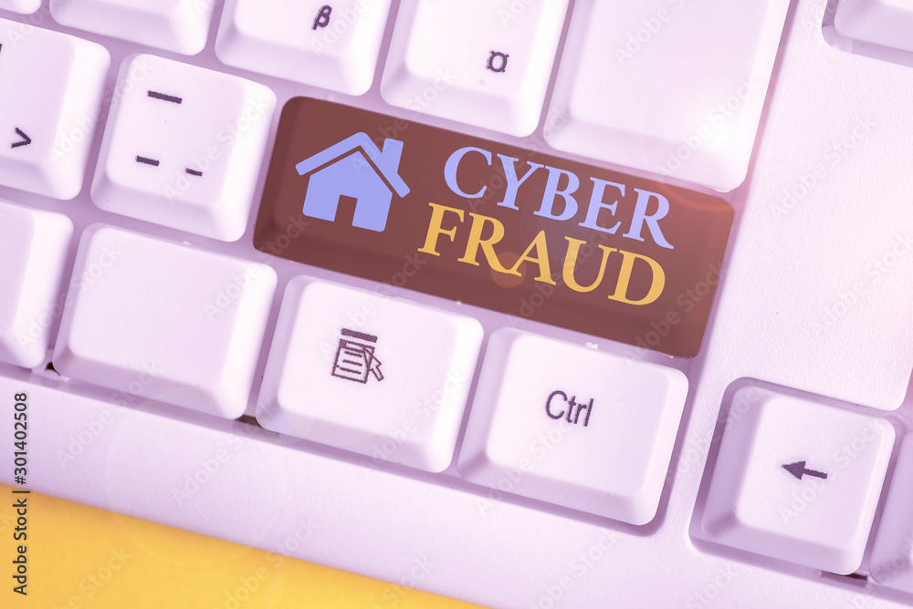 Poster word writing text cyber fraud. business photo showcasing any crime that is committed with the use of