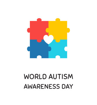 World autism awareness day banner design element. Children with development disorder support, ASD tolerance symbol. Colorful jigsaw puzzle pieces flat vector illustration with typography