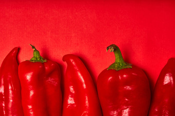 Red peppers in a row on a red background. Conceptual background with food