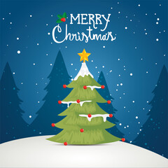 Fototapeta premium merry christmas poster with pine tree in winter landscape design
