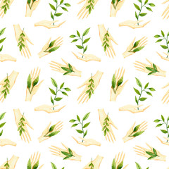 Seamless pattern with watercolor  hands with green plants. Hand drawn illustration isolated on white. Template is perfect for ecological design, social media background, fabric textile, wallpaper