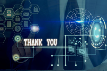 Conceptual hand writing showing Thank You. Concept meaning a polite expression used when acknowledging a gift or service Picture photo network scheme with modern smart device