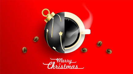 Christmas balls and cup of coffee with coffee beans on red background from above. Hot drink smell of christmas. Winter coffee shop advertisement background. -Vector