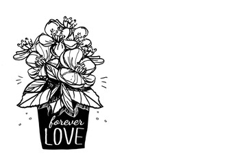 flowers pot bouquet with leaves t shirt print style , vector illustration black lines contour isolated on white
