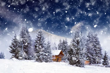 Fotobehang Wooden cottage in a fairy-tale winter landscape. © belyaaa