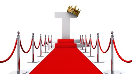  3D illustration of letter T wearing a crown on red carpet