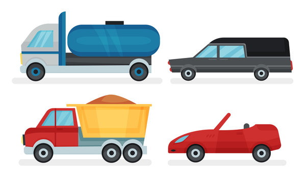Four Different Urban And Industrial Transport Vehicles Vector Illustration