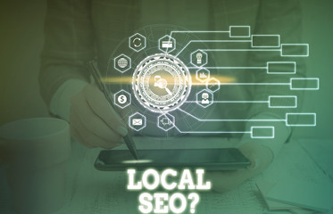 Handwriting text writing Local Seoquestion. Conceptual photo incredibly effective way to market your local business online Picture photo system network scheme modern technology smart device