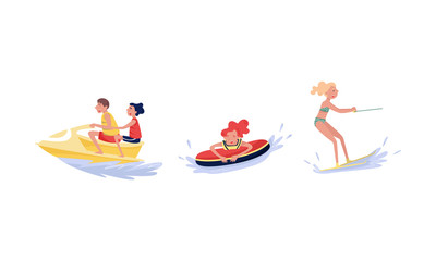 Different Kind Of People Having Fun Of Water Leisure Sport Activity Vector Illustration Set
