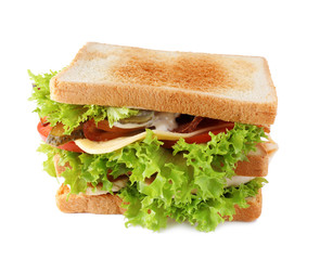 Yummy sandwich with bacon and chicken isolated on white