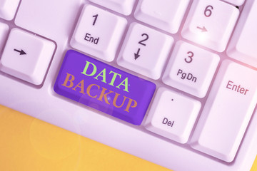 Conceptual hand writing showing Data Backup. Concept meaning copy of important data that is stored on an alternative location White pc keyboard with note paper above the white background