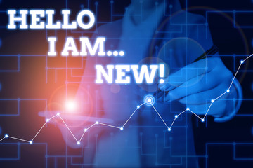 Conceptual hand writing showing Hello I Am New. Concept meaning introducing oneself in a group as fresh worker or student Woman wear formal work suit present using smart latest device