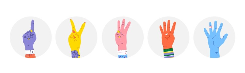 Set of Hand gesture symbols. Various round icons with finger count. Counting by bending fingers. Hand drawn colored trendy vector illustration. Cartoon style. Flat design. All elements are Isolated 
