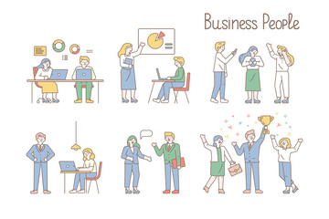 Naklejka premium Teamwork line art vector set. Office workplace, meeting. People working together in the office. Flat vector illustration.