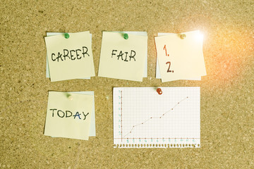 Conceptual hand writing showing Career Fair. Concept meaning an event at which job seekers can meet possible employers Corkboard size paper thumbtack sheet billboard notice board