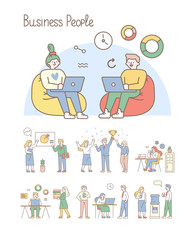 Teamwork line art vector set. Office workplace, meeting. People working together in the office. Flat vector illustration.